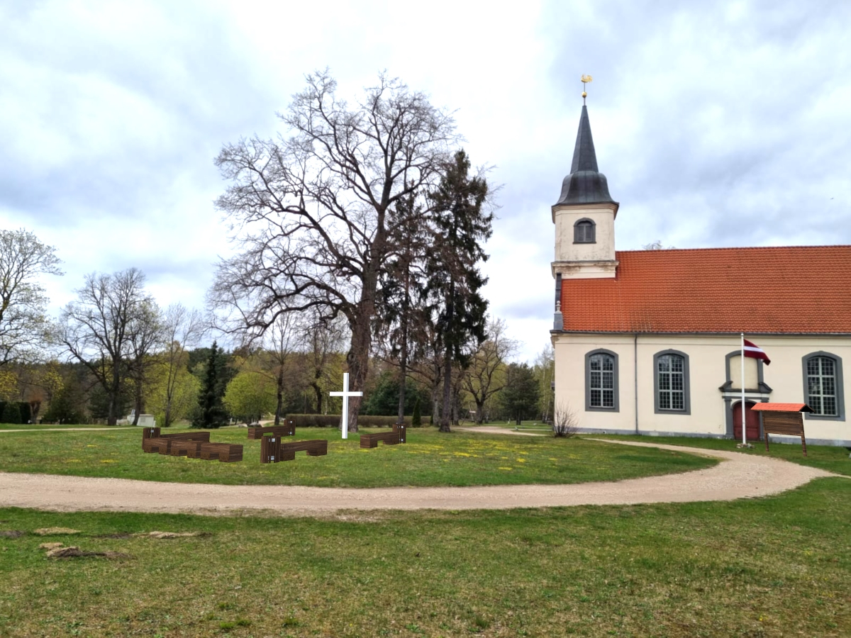 Būs soliņi un Info stends pie Baltezera baznīcas